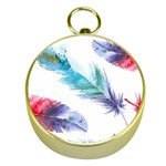 Feathers Boho Style Purple Red and Blue Watercolor Gold Compasses Front