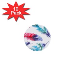 Feathers Boho Style Purple Red And Blue Watercolor 1  Mini Buttons (10 Pack)  by genx