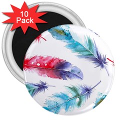 Feathers Boho Style Purple Red And Blue Watercolor 3  Magnets (10 Pack)  by genx