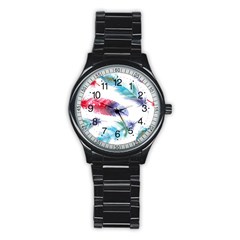 Feathers Boho Style Purple Red And Blue Watercolor Stainless Steel Round Watch by genx