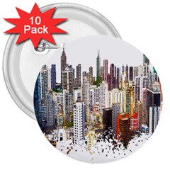 Hong Kong Skyline Watercolor Painting Poster 3  Buttons (10 Pack) 