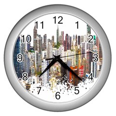 Hong Kong Skyline Watercolor Painting Poster Wall Clock (silver)