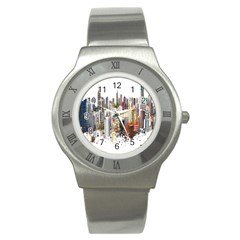 Hong Kong Skyline Watercolor Painting Poster Stainless Steel Watch