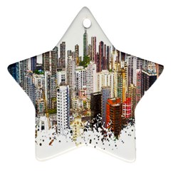 Hong Kong Skyline Watercolor Painting Poster Star Ornament (two Sides)