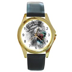 Lion King Head Round Gold Metal Watch