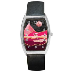 Pink And Black Abstract Mountain Landscape Barrel Style Metal Watch