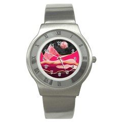 Pink And Black Abstract Mountain Landscape Stainless Steel Watch by charliecreates