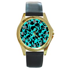 Bright Turquoise And Black Leopard Style Paint Splash Funny Pattern Round Gold Metal Watch by yoursparklingshop