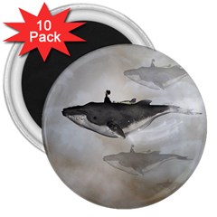 Awesome Fantasy Whale With Women In The Sky 3  Magnets (10 Pack)  by FantasyWorld7