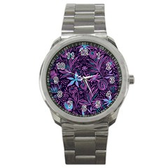 Stamping Pattern Leaves Drawing Sport Metal Watch by Pakrebo