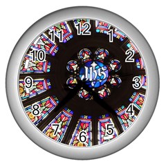 Rosette Stained Glass Window Church Wall Clock (silver) by Pakrebo