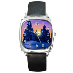 Illustration Vector Winter Sunset Square Metal Watch by Pakrebo