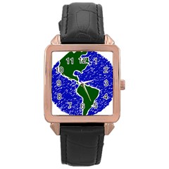 Globe Drawing Earth Ocean Rose Gold Leather Watch 