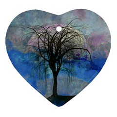 Tree Moon Sky Watercolor Painting Heart Ornament (two Sides) by Pakrebo