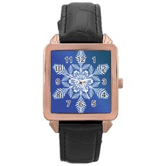 Flake Crystal Snow Winter Ice Rose Gold Leather Watch 