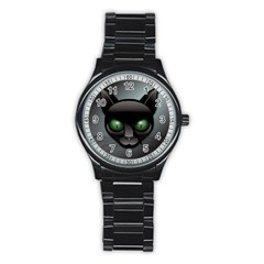 Green Eyes Kitty Cat Stainless Steel Round Watch