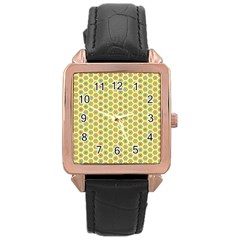 Hexagonal Pattern Unidirectional Yellow Rose Gold Leather Watch 