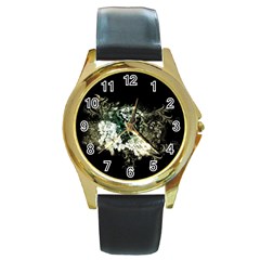 Awesome Tiger With Flowers Round Gold Metal Watch by FantasyWorld7