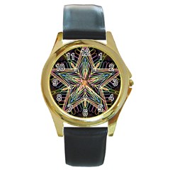 Star Mandala Pattern Design Doodle Round Gold Metal Watch by Pakrebo