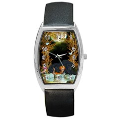 Cute fairy with awesome wolf in the night Barrel Style Metal Watch