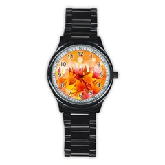 Autumn Background Maple Leaves Bokeh Stainless Steel Round Watch by Nexatart