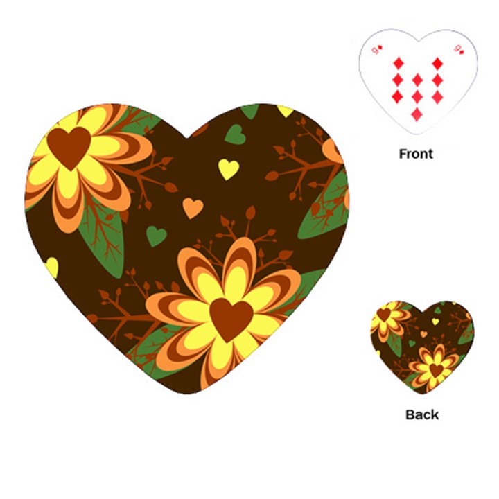 Floral Hearts Brown Green Retro Playing Cards (Heart)