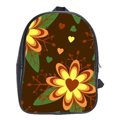 Floral Hearts Brown Green Retro School Bag (large) by HermanTelo