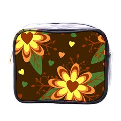 Floral Hearts Brown Green Retro Mini Toiletries Bag (one Side) by HermanTelo