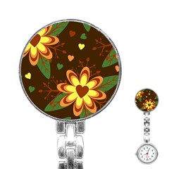 Floral Hearts Brown Green Retro Stainless Steel Nurses Watch by HermanTelo