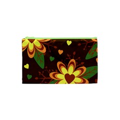 Floral Hearts Brown Green Retro Cosmetic Bag (xs) by HermanTelo