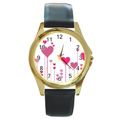 Heart Rosa Love Valentine Pink Round Gold Metal Watch by HermanTelo