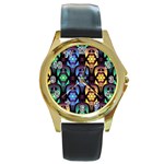 Pattern Background Bright Blue Round Gold Metal Watch Front