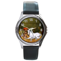 Cute Fairy With Unicorn Foal Round Metal Watch by FantasyWorld7