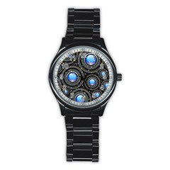 Abstract Glossy Blue Stainless Steel Round Watch