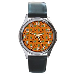 Halloween Witch Pattern Orange Round Metal Watch by snowwhitegirl