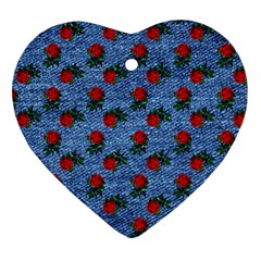 Blue Denim And Roses Ornament (heart) by snowwhitegirl