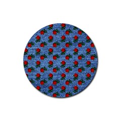 Blue Denim And Roses Rubber Round Coaster (4 Pack) 