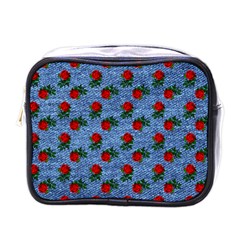 Blue Denim And Roses Mini Toiletries Bag (one Side) by snowwhitegirl