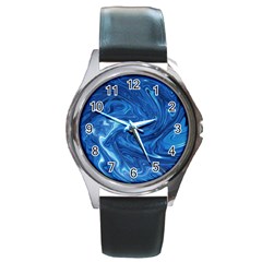 Blue Pattern Texture Art Round Metal Watch by HermanTelo