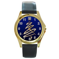 Christmas Tree Grey Blue Round Gold Metal Watch by HermanTelo