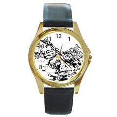 Mountain Ink Round Gold Metal Watch by HermanTelo