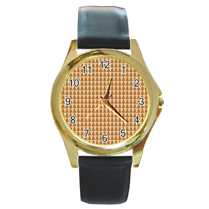 Pattern Gingerbread Brown Tree Round Gold Metal Watch