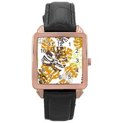 Pattern Leaves Rose Gold Leather Watch 