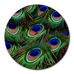 Peacock Feathers Plumage Iridescent Round Mousepads by HermanTelo