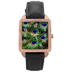 Peacock Feathers Plumage Iridescent Rose Gold Leather Watch 
