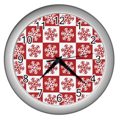 Snowflake Red White Wall Clock (Silver)