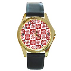 Snowflake Red White Round Gold Metal Watch