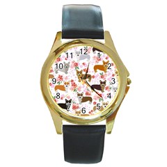 Corgis Corgi Pattern Round Gold Metal Watch