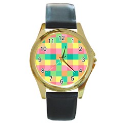Checkerboard Pastel Squares Round Gold Metal Watch by Sapixe