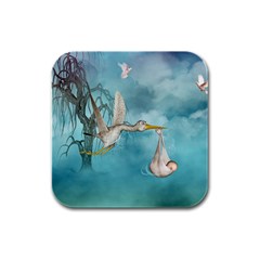 Cute Baby Is Coming With Stork Rubber Square Coaster (4 Pack)  by FantasyWorld7